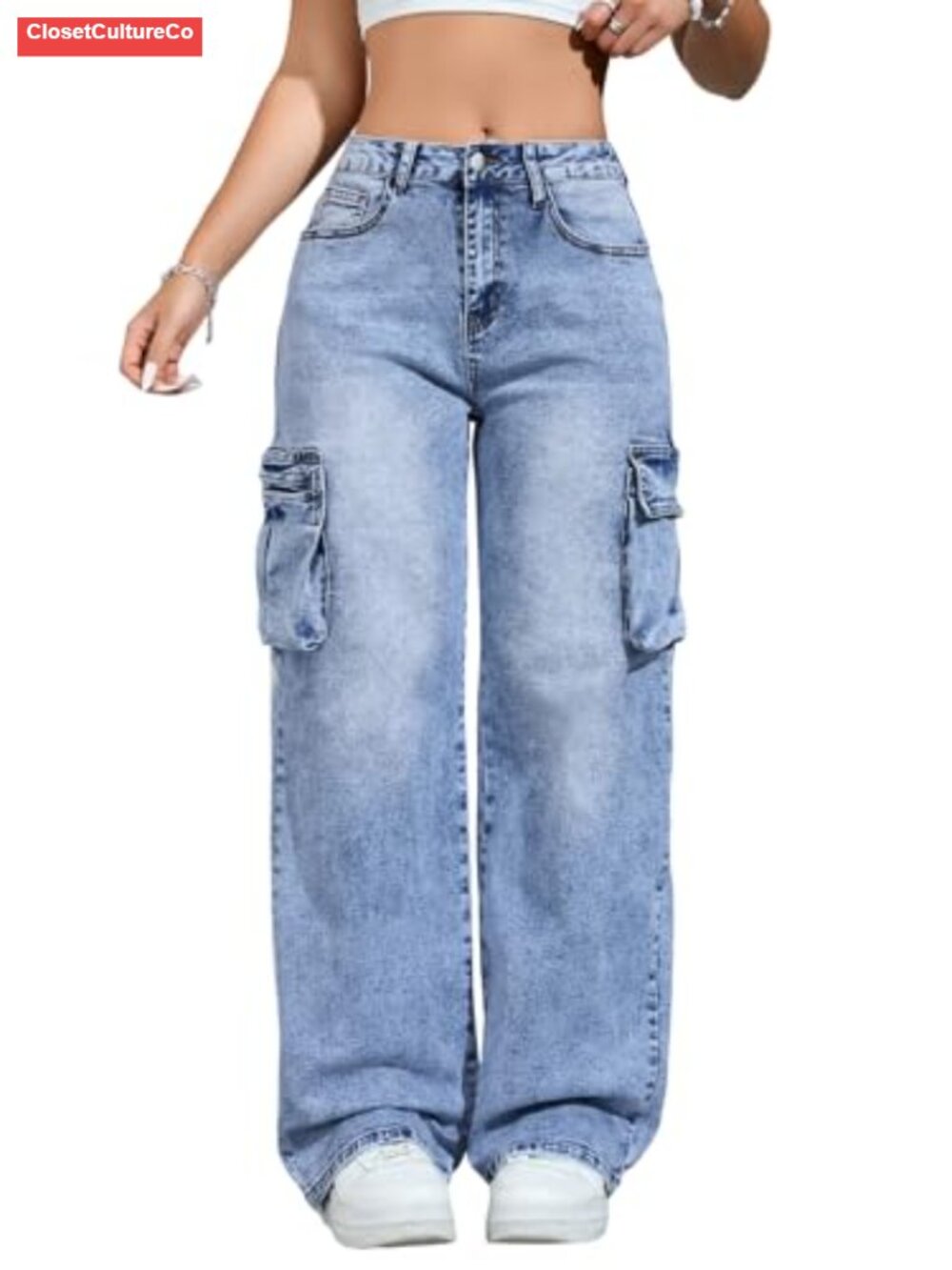 High Waisted Cargo Jeans 6 Pockets Straight Wide Leg Denim Pants